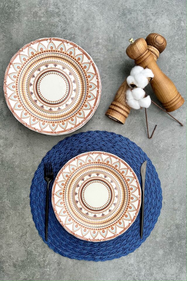 Bohemian 6 Kişilik 25 Cm Geometrik Porselen Turuncu Servis Tabak Takımı KREM