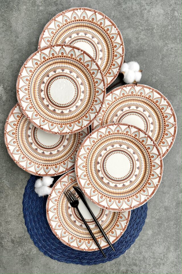 Bohemian 6 Kişilik 25 Cm Geometrik Porselen Turuncu Servis Tabak Takımı KREM