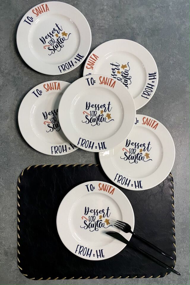 Tulü Porselen Santa Yazı Desenli 6 Kişilik 6'lı Porselen Pasta Tabağı Sunum Servis Seti KREM