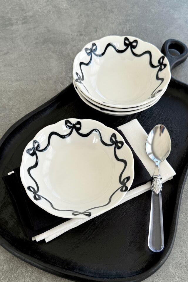 Fiyonk 4 Adet Premium Porselen 16 Cm Çorba Kasesi Takımı Siyah Kurdele Desenli