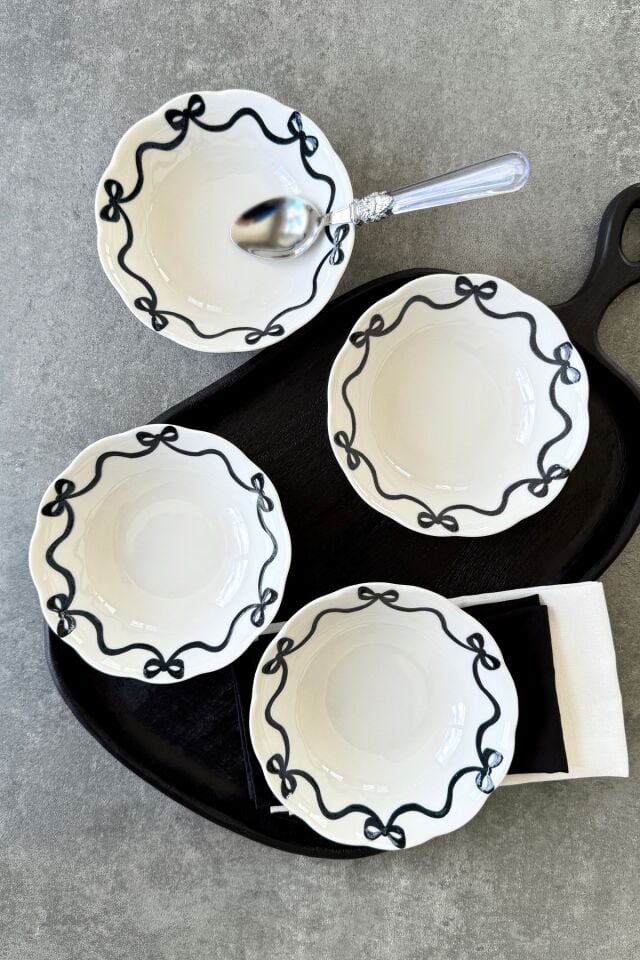 Fiyonk 4 Adet Premium Porselen 16 Cm Çorba Kasesi Takımı Siyah Kurdele Desenli