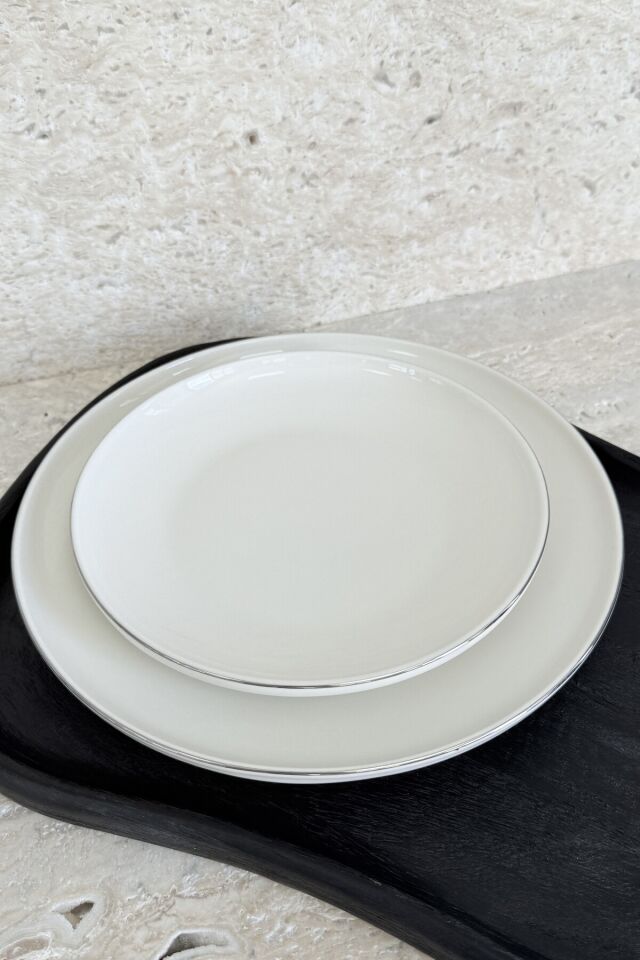 Modern Krem Platin 24 Parça 6 Kişilik Günlük Porselen Yemek Takımı Parlak Gümüş