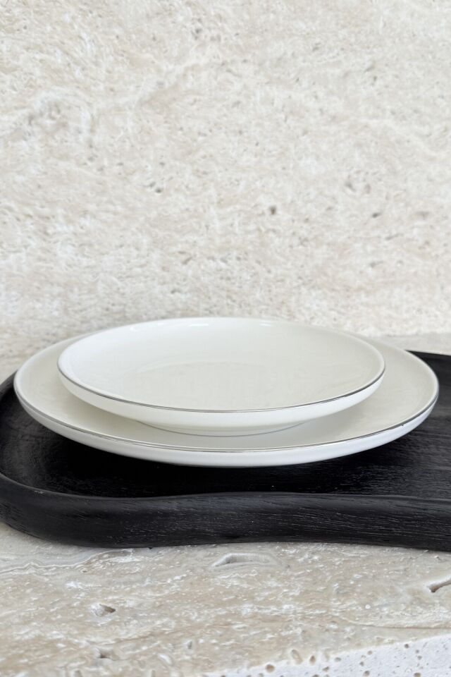Modern Krem Platin 24 Parça 6 Kişilik Günlük Porselen Yemek Takımı Parlak Gümüş