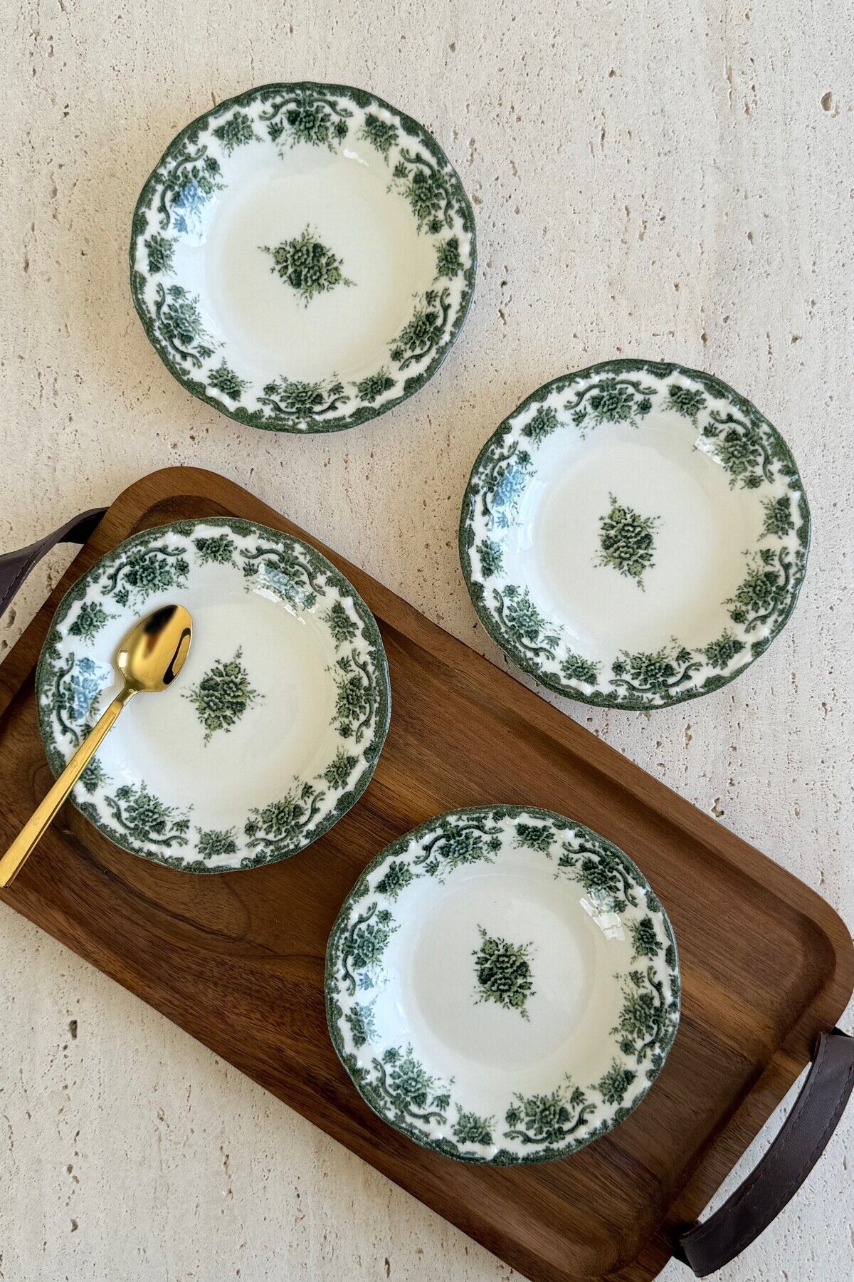 Antique Green 4'lü Porselen Reçellik / Çerezlik Kase Yeşil Çiçek Desenli 4 parça