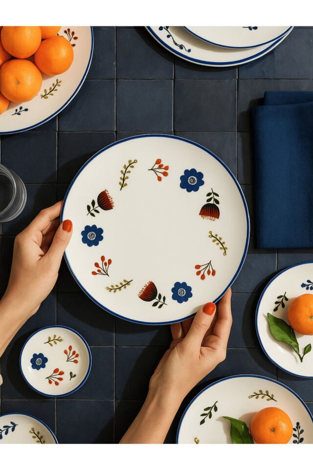 Katy Kit Blue 25 cm 6 kişilik servis, kahvaltı, ikram tabağı premium porselen