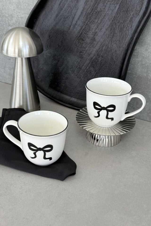 Fiyonk Porselen 2'li Kupa Mug Bardak Büyük Boy Siyah kurdele desenli