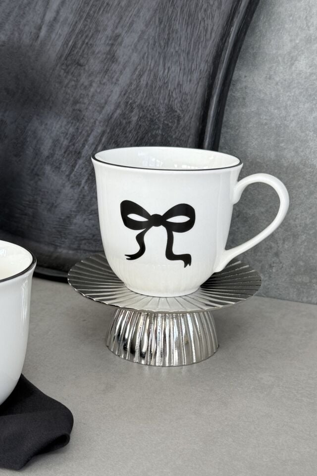 Fiyonk Porselen 2'li Kupa Mug Bardak Büyük Boy Siyah kurdele desenli