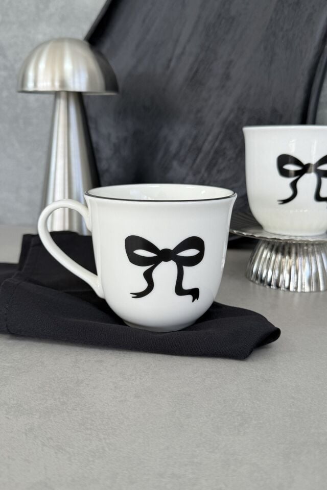 Fiyonk Porselen 2'li Kupa Mug Bardak Büyük Boy Siyah kurdele desenli