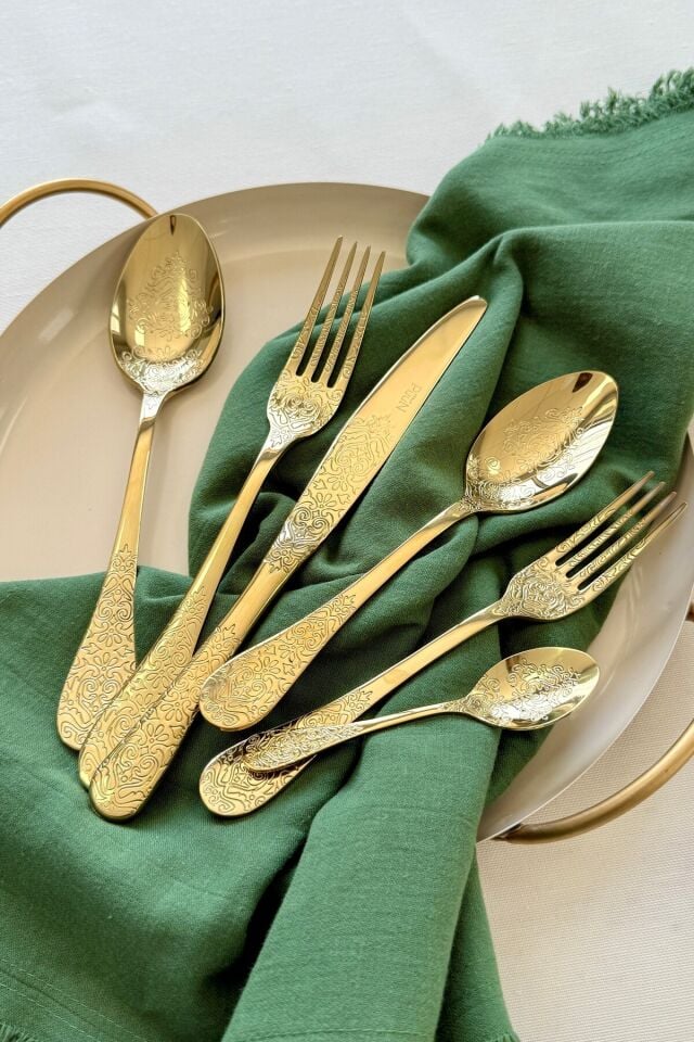 Antique 6 Kişilik 36 Parça 18/10 Paslanmaz Çelik Çatal Kaşık Bıçak Takımı (Gold)