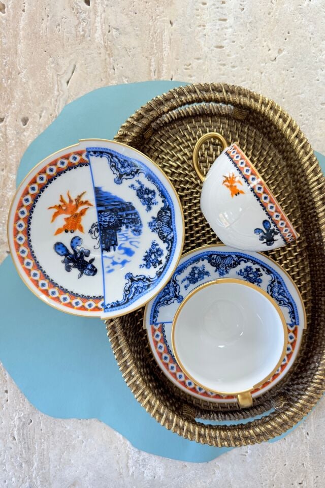 Gold Fish 2 Kişilik 4 Parça Porselen Çay Fincanı Takımı 200 cc Gold Mavi Turuncu Balık Desenli