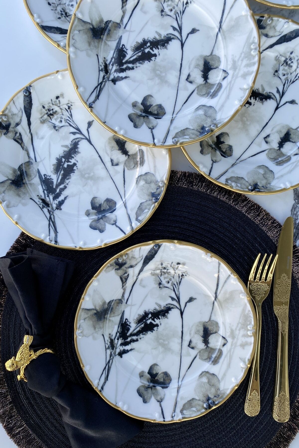 Rosalinda Altın Yaldızlı 6 Kişilik Porselen Pasta Takımı Gri