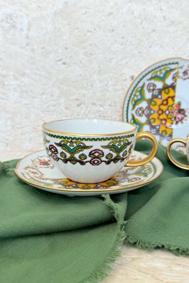 Monaco 2 Kişilik 4 Parça Porselen Çay Fincanı Takımı 200 cc Gold Yeşil Çiçek Desenli Özel Tasarım