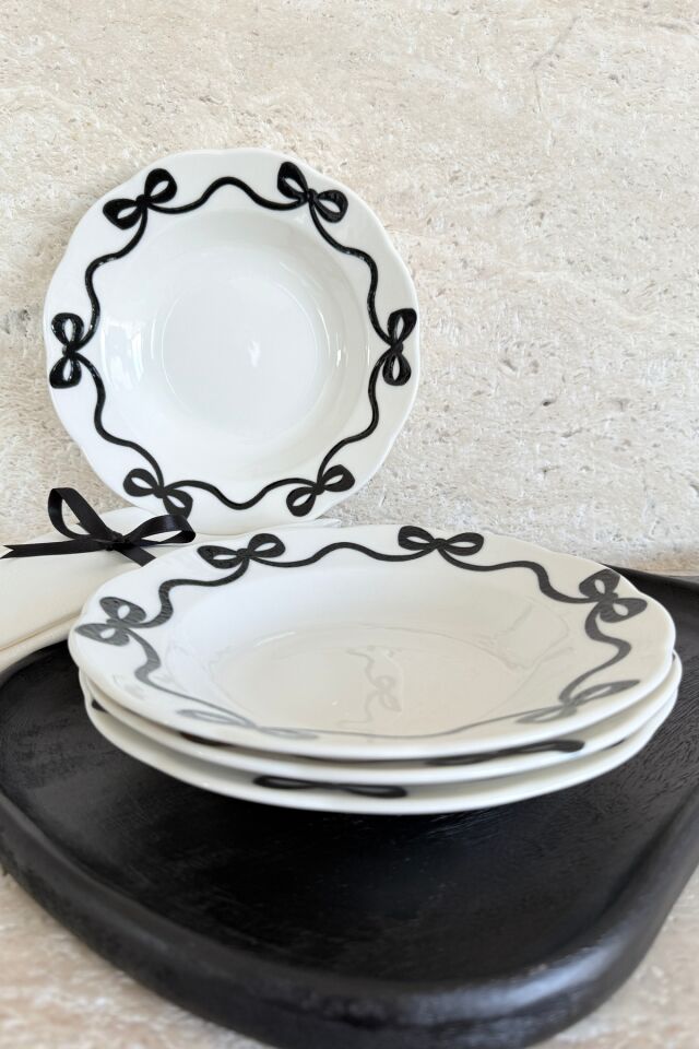 Fiyonk 4 Adet Kırık Beyaz Premium Porselen 23 Cm Çukur Tabak Takımı Siyah Kurdele Desen Yemek Tabağı