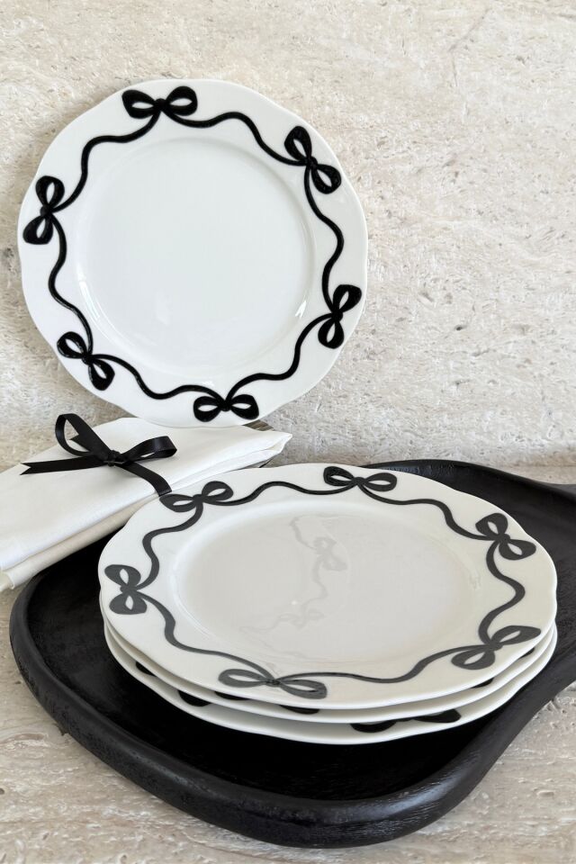 Fiyonk 4 Adet Kırık Beyaz Premium Porselen 27 Cm Servis Tabağı Takımı Siyah Kurdele Desenli