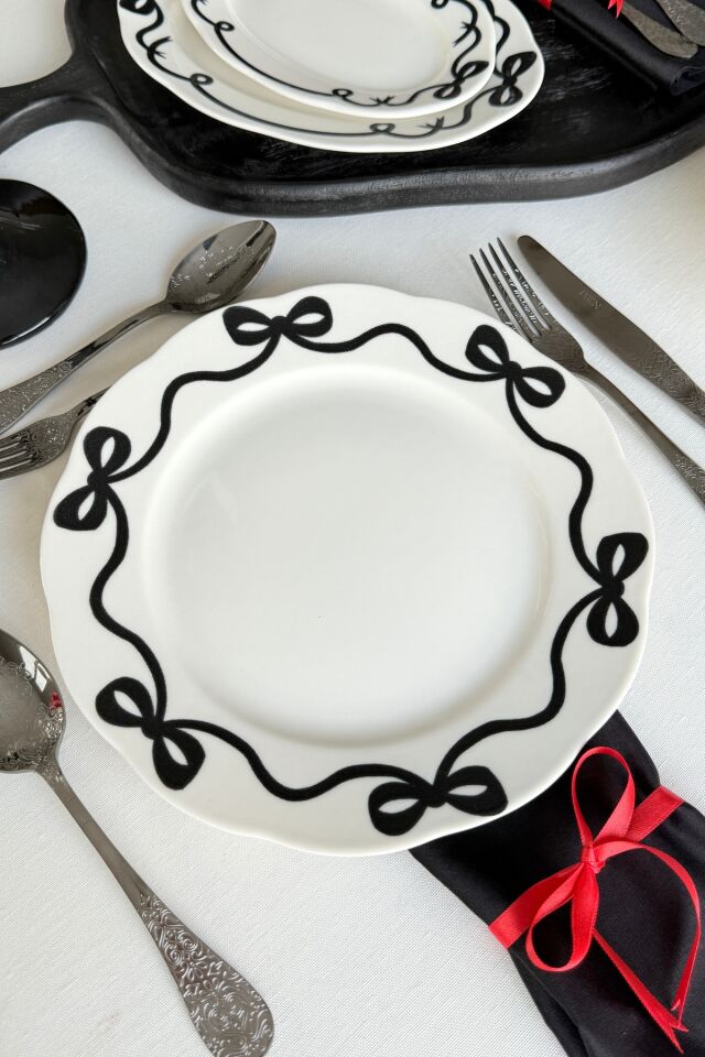 Fiyonk 4 Adet Kırık Beyaz Premium Porselen 27 Cm Servis Tabağı Takımı Siyah Kurdele Desenli