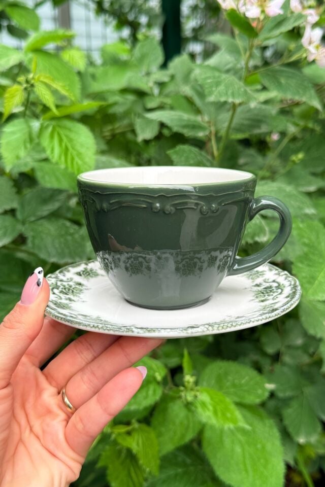 Antique Green 2 Kişilik 4 Parça Porselen Çay Fincanı Takımı 200 cc Yeşil Çiçek Desenli