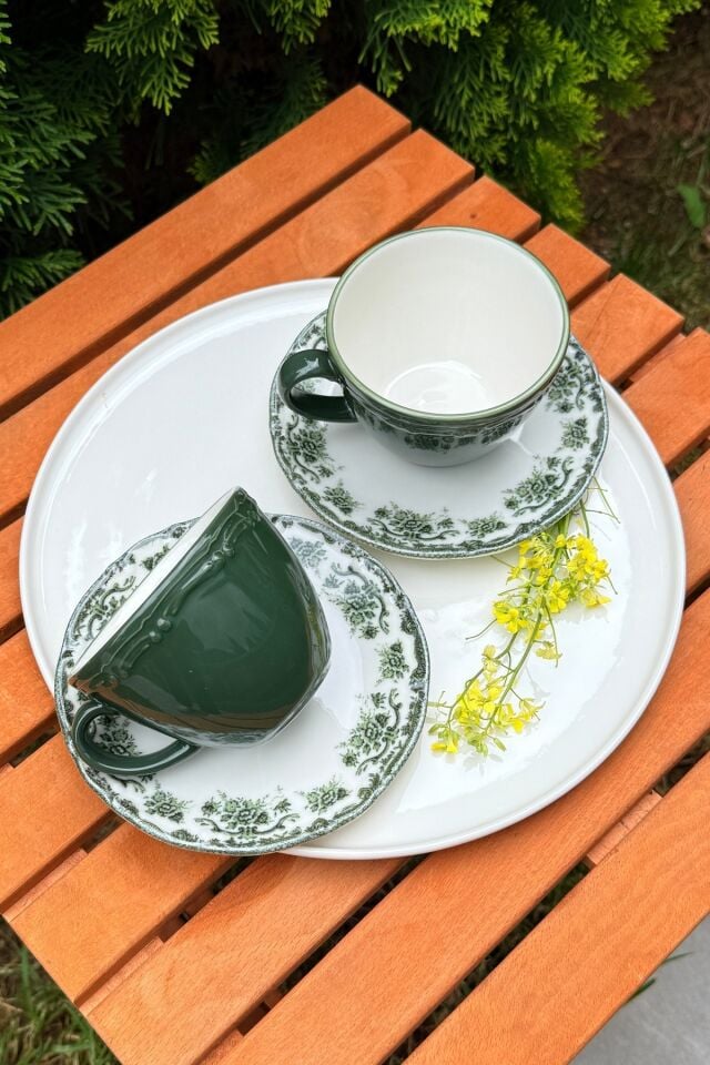 Antique Green 2 Kişilik 4 Parça Porselen Çay Fincanı Takımı 200 cc Yeşil Çiçek Desenli