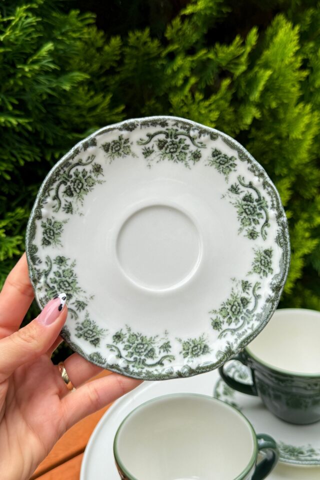 Antique Green 2 Kişilik 4 Parça Porselen Çay Fincanı Takımı 200 cc Yeşil Çiçek Desenli