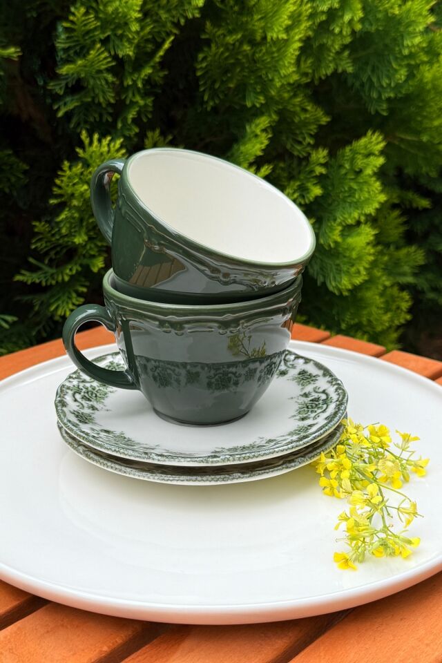 Antique Green 2 Kişilik 4 Parça Porselen Çay Fincanı Takımı 200 cc Yeşil Çiçek Desenli