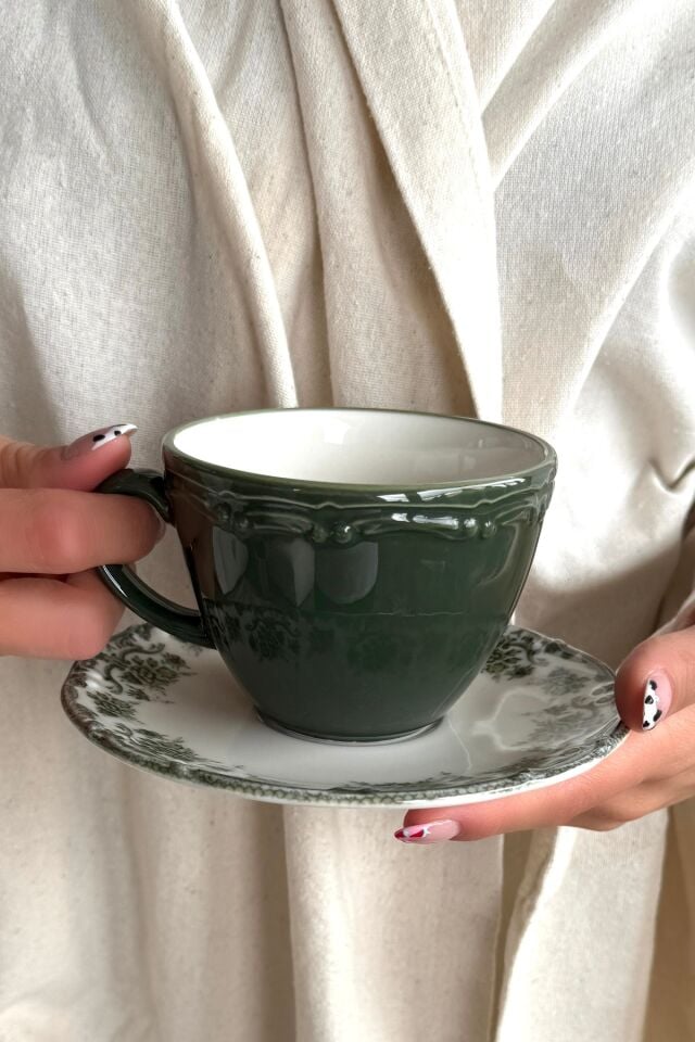 Antique Green 2 Kişilik 4 Parça Porselen Çay Fincanı Takımı 200 cc Yeşil Çiçek Desenli