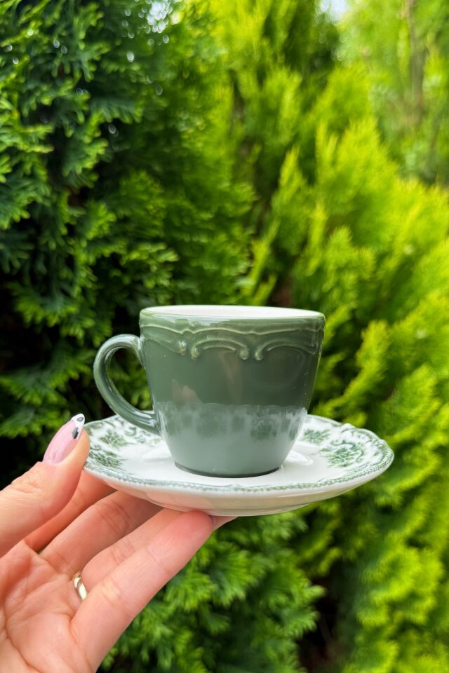 Antique Green 2 Kişilik 4 Parça Porselen Kahve Fincanı Takımı 90 cc Yeşil Çiçek Desenli