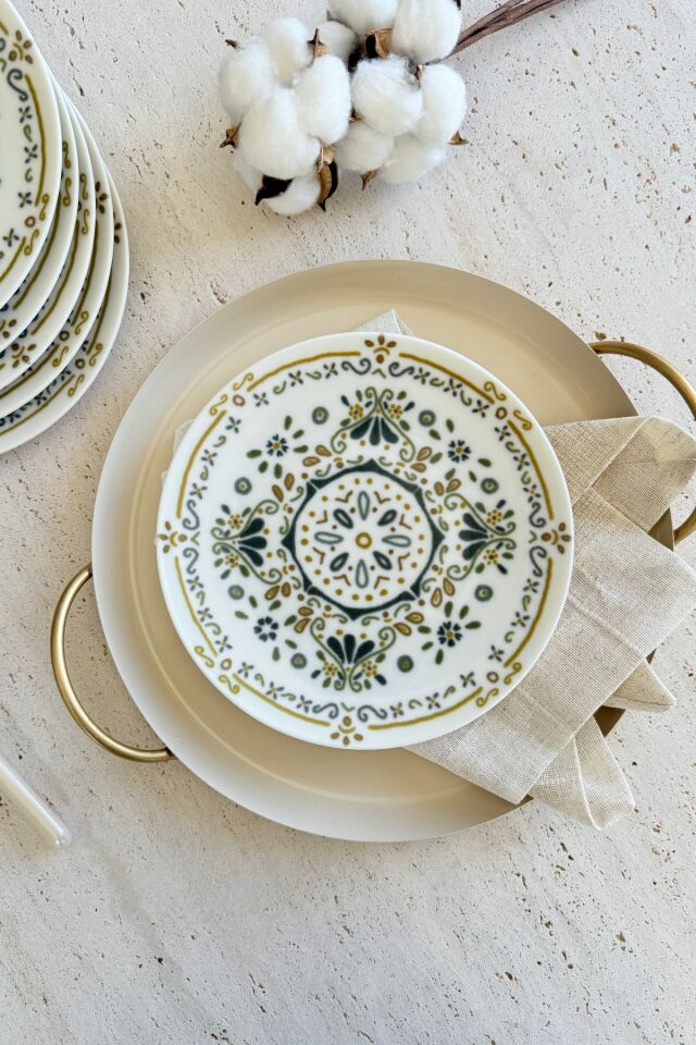 Harmoni 6 kişilik 19 cm Özel Tasarım Premium Porselen Pasta Tabağı Takımı yeşil