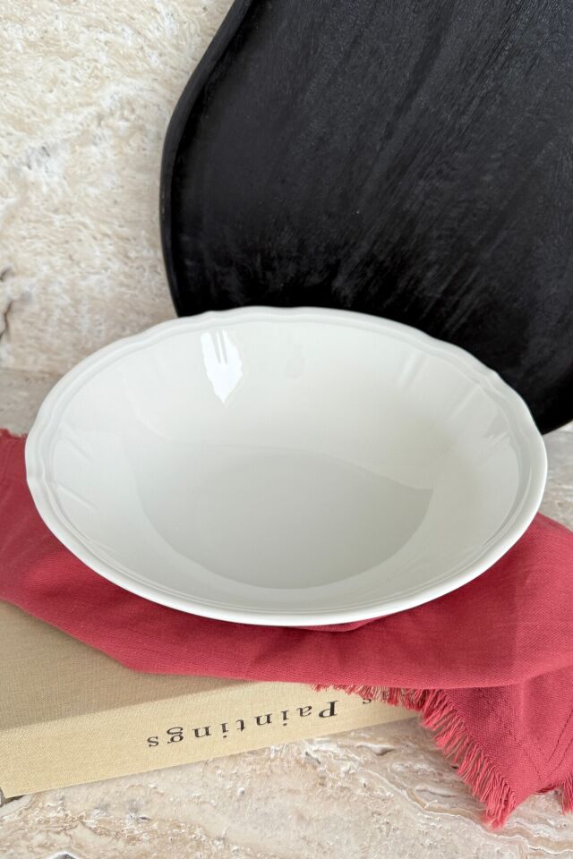 Perla Krem 23 Cm Büyük Boy Porselen Derin Salata Kasesi Sunum Servis Tabağı