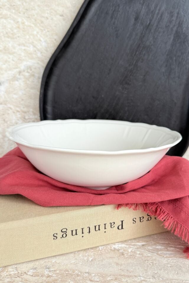 Perla Krem 23 Cm Büyük Boy Porselen Derin Salata Kasesi Sunum Servis Tabağı