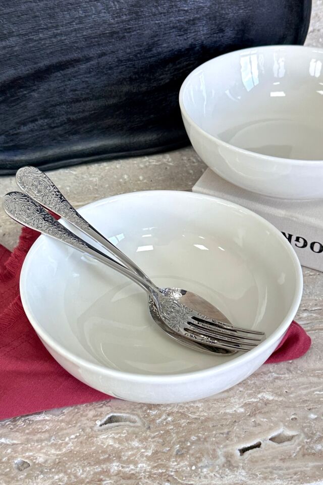 Modern Krem 19 cm 2'li Derin Premium Porselen Salata Kasesi Sunum Seti