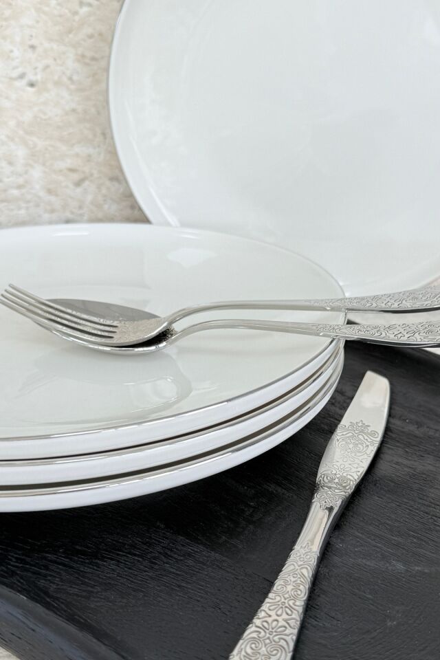 Modern Gümüş Krem 4 Kişilik 27 Cm Premium Porselen Servis Tabağı Takımı