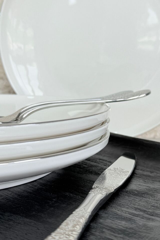 Modern Gümüş Krem 4 Kişilik 27 Cm Premium Porselen Servis Tabağı Takımı
