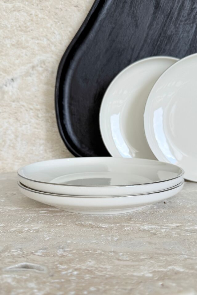Modern Gümüş Krem 4 Kişilik 21 Cm Premium Porselen Pasta Tabağı Sunum Seti