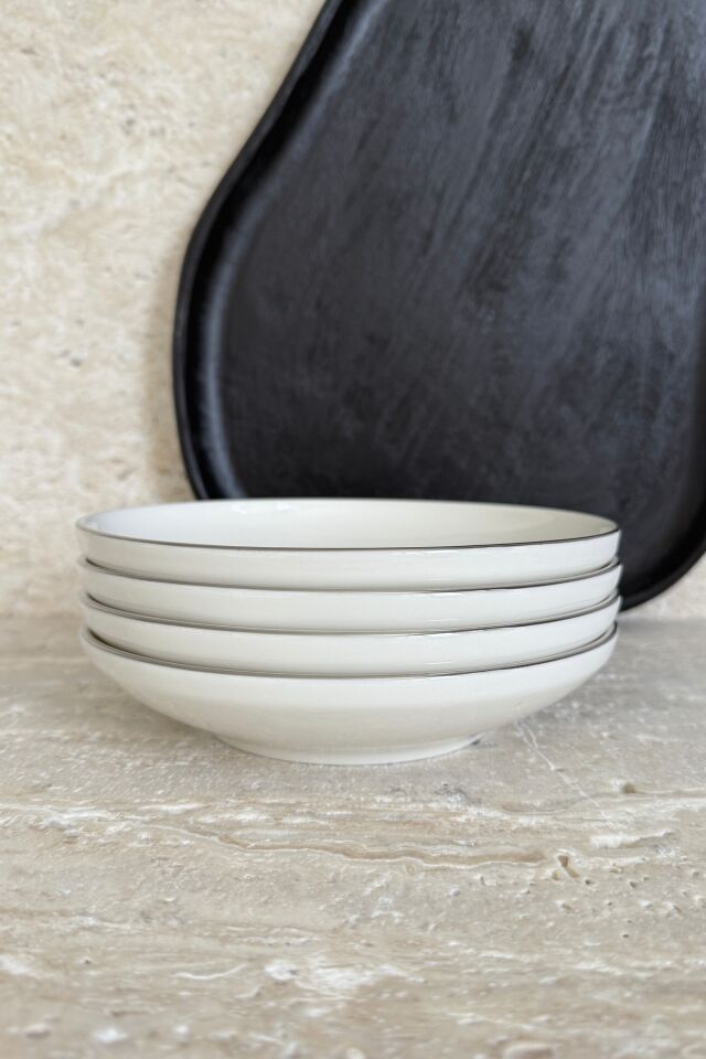 Modern Gümüş Krem 4 Kişilik 19 Cm Porselen Çukur Yemek Tabağı Seti