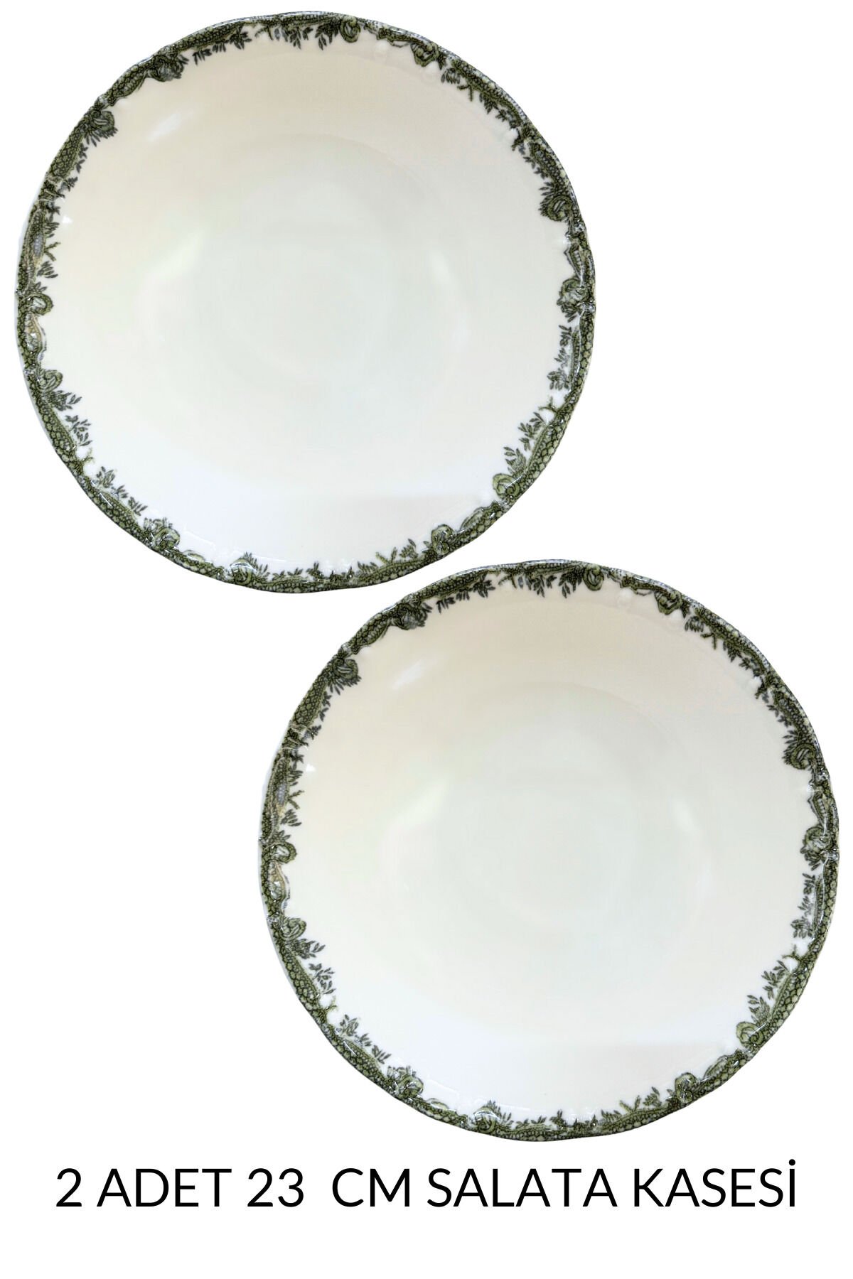 Antique Green 2li 23 Cm Premium Porselen Büyük Boy Salata Kasesi Sunum Servis Seti Yeşil Çiçekli