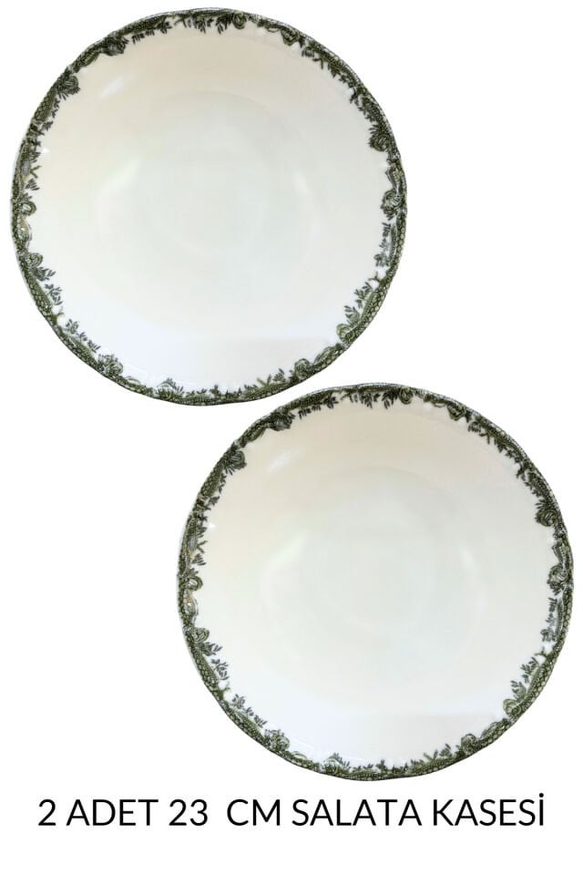Antique Green 2li 23 Cm Premium Porselen Büyük Boy Salata Kasesi Sunum Servis Seti Yeşil Çiçekli