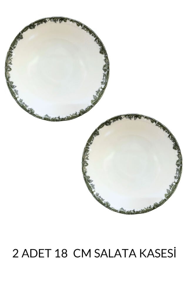 Antique Green 2li 18 Cm Premium Porselen Orta Boy Salata Kasesi Sunum Servis Seti Yeşil Çiçekli