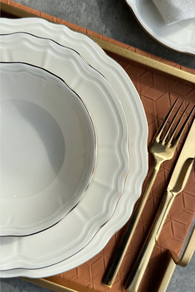Elegance Perla Gold Krem 24 Parça 6 Kişilik Premium Porselen Yemek Takımı ( Altın Detay )