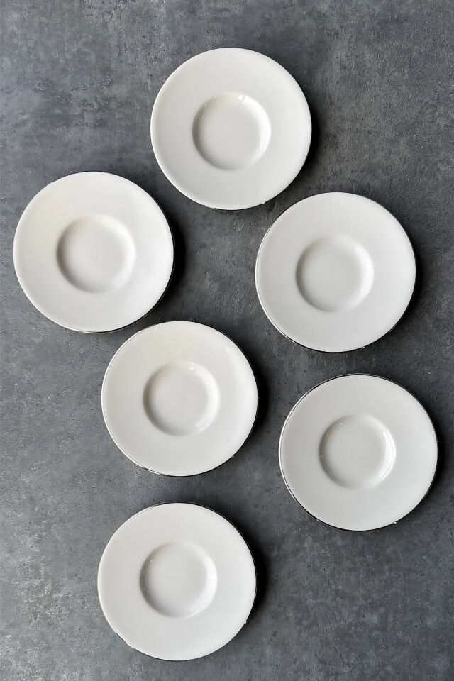 Modern Gümüş Krem 6 Parça 11 Cm 6 Kişilik Premium Porselen Gümüş Yaldızlı Çay Tabağı Takımı