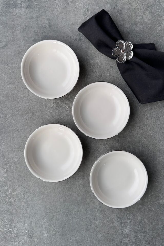 Modern Gümüş 4'lü Premium Porselen 11 cm Çerezlik Sosluk kase seti