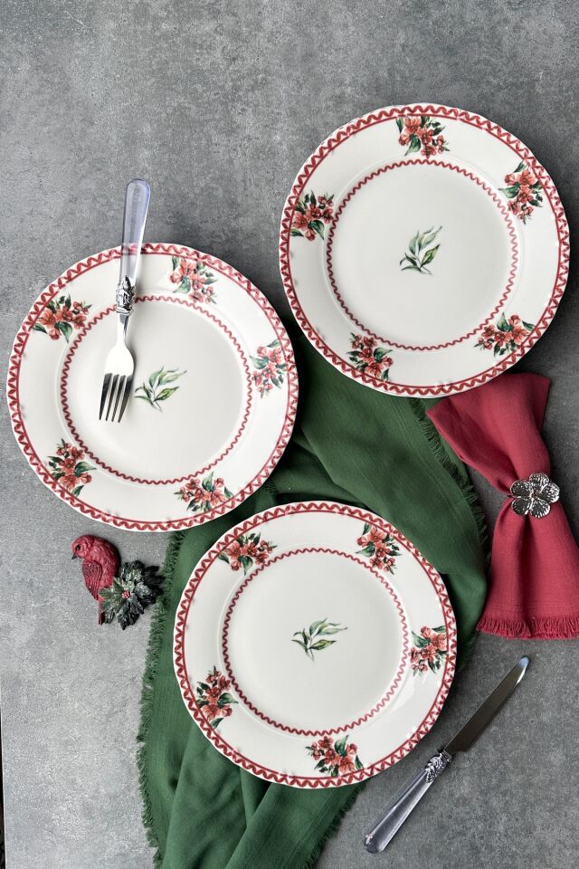 Shiraz 6 kişilik 25 cm Özel Tasarım Premium Porselen Servis Tabağı Takımı Yeni Yıl Kırmızı Yeşil