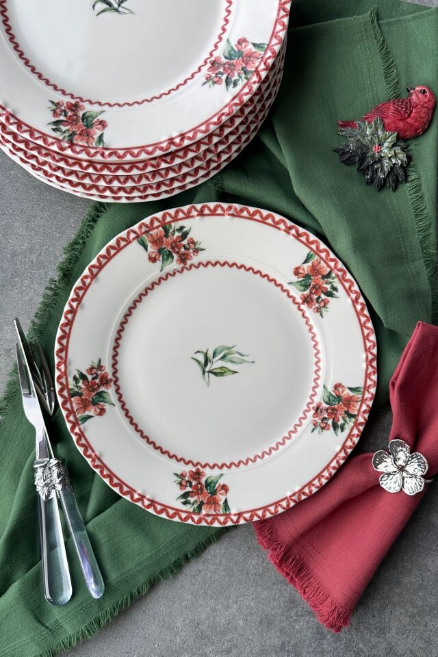 Shiraz 6 kişilik 25 cm Özel Tasarım Premium Porselen Servis Tabağı Takımı Yeni Yıl Kırmızı Yeşil