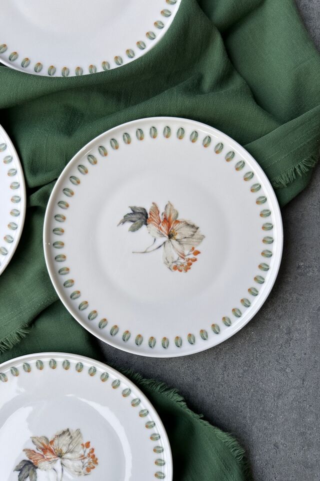 Bianco 6 kişilik 21 cm Özel Tasarım Premium Porselen Kahvaltı Pasta Tabağı Takımı Çiçek Desenli
