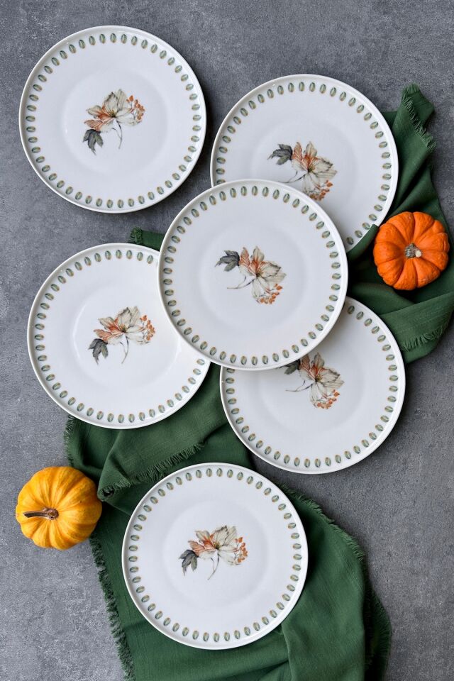 Bianco 6 kişilik 21 cm Özel Tasarım Premium Porselen Kahvaltı Pasta Tabağı Takımı Çiçek Desenli