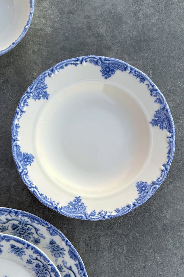 Antique Baby Blue 6 kişilik 21 cm Özel Tasarım Premium Porselen Çukur Yemek Tabağı Takımı Mavi