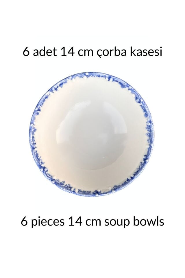 Antique Baby Blue 6 kişilik 14 cm Özel Tasarım Premium Porselen Çorba Kasesi Takımı Mavi