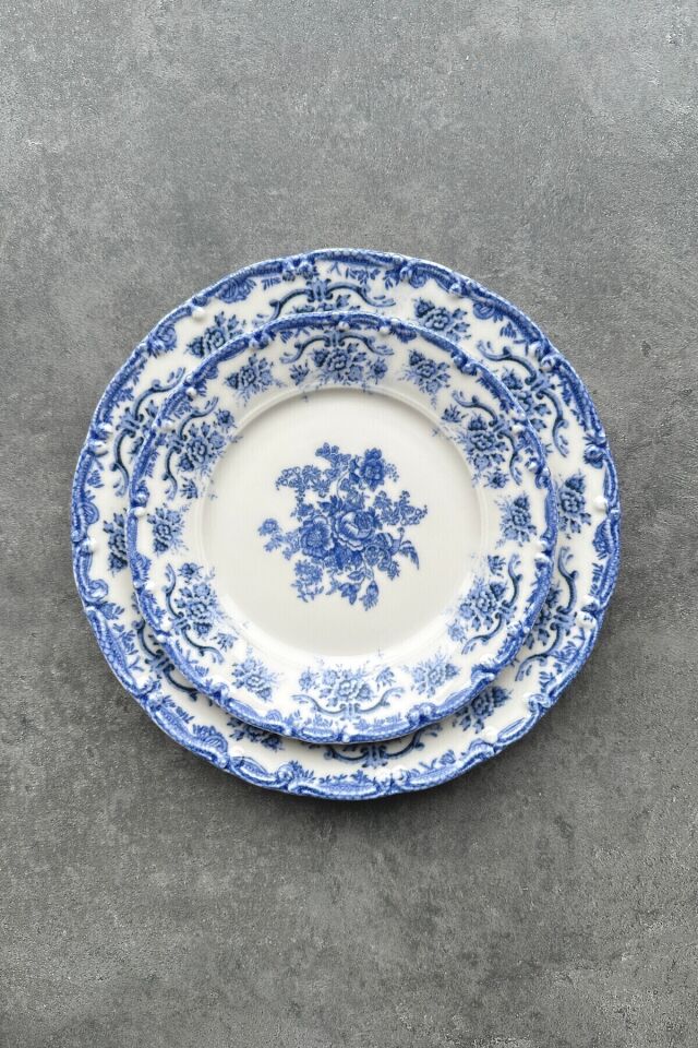Antique Baby Blue 24 Parça 6 Kişilik Premium Porselen Yemek Takımı Özel Vintage Mavi Çiçek