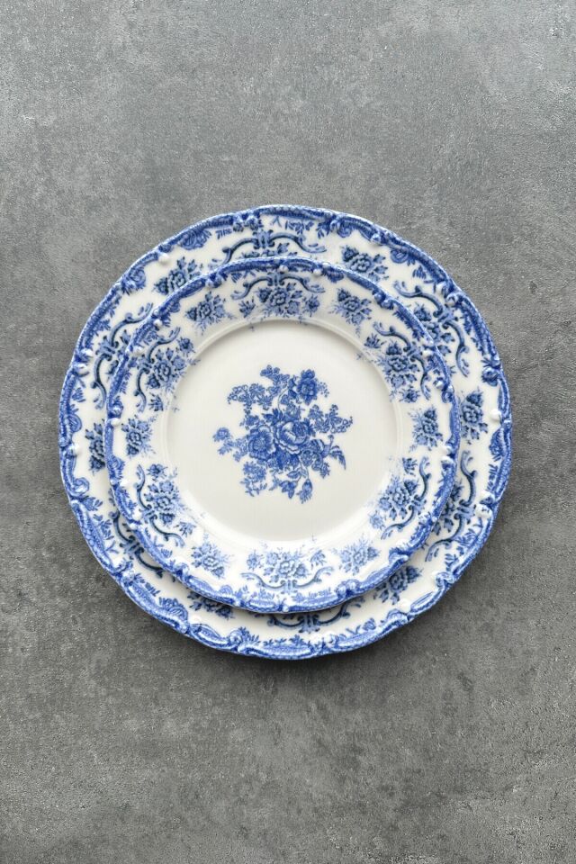 Antique Baby Blue 6 kişilik 19 cm Özel Tasarım Premium Porselen Pasta Tabağı Takımı Mavi Çiçek Desen
