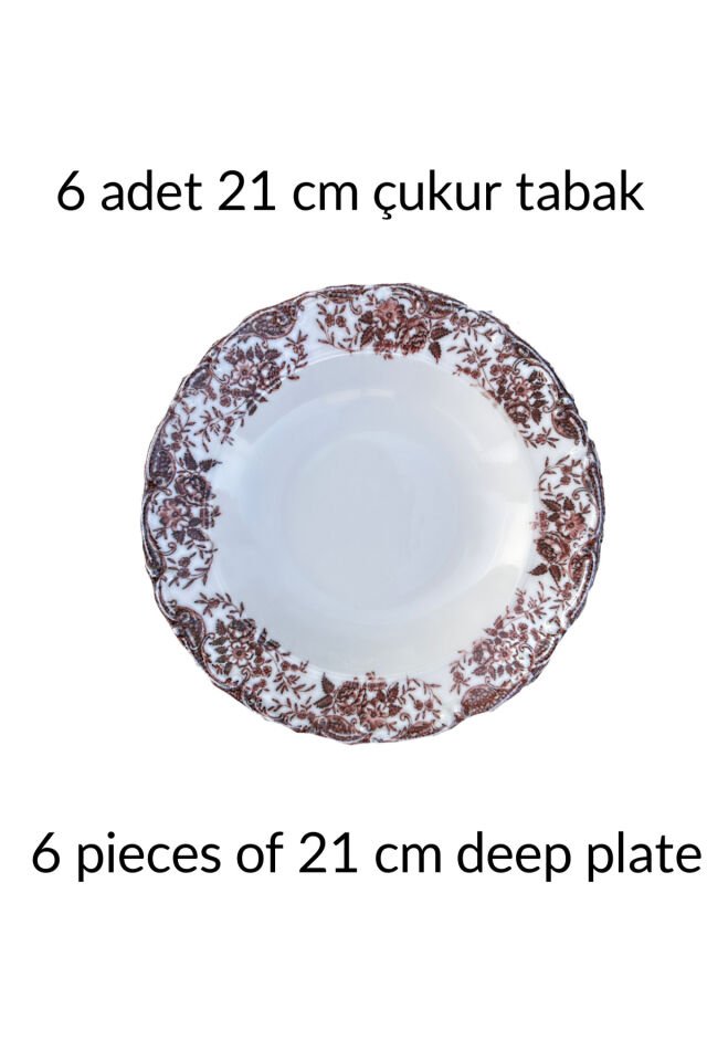 Vintage Rose 6 Kişilik 21 Cm Özel Tasarım Premium Porselen Çukur Yemek Tabağı Takımı Bordo
