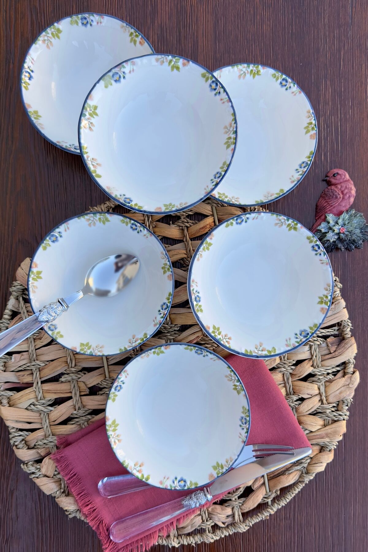 Rosalinda 6 kişilik 14 cm Özel Tasarım Premium Porselen Çorba Kasesi Seti Pembe Çiçek Desenli