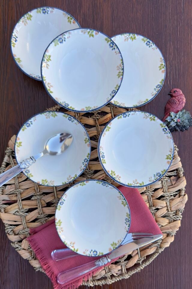 Rosalinda 6 kişilik 14 cm Özel Tasarım Premium Porselen Çorba Kasesi Seti Pembe Çiçek Desenli
